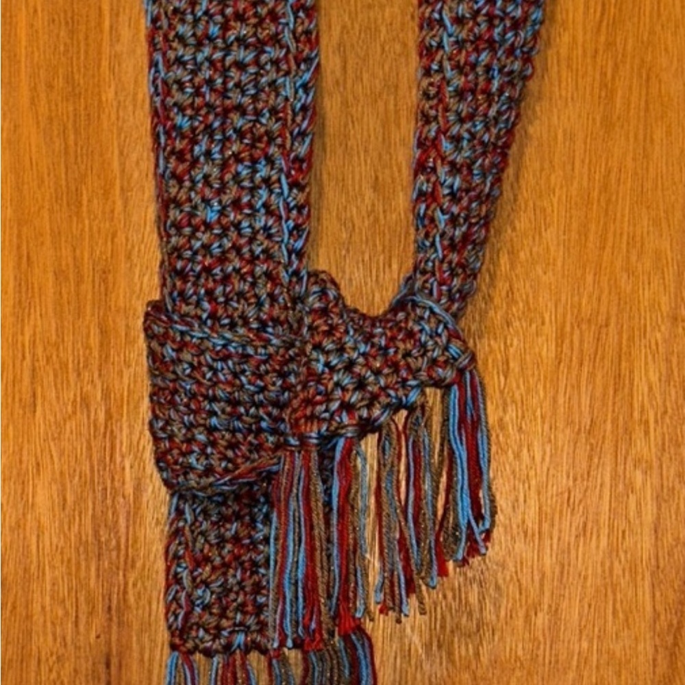 Elegant Blue and Brown Handmade Knit Scarf 70 inches long
